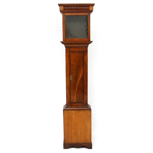 272A - An c.1800 walnut stained oak longcase with mahogany cross banding and hood. The grandfather clock st... 