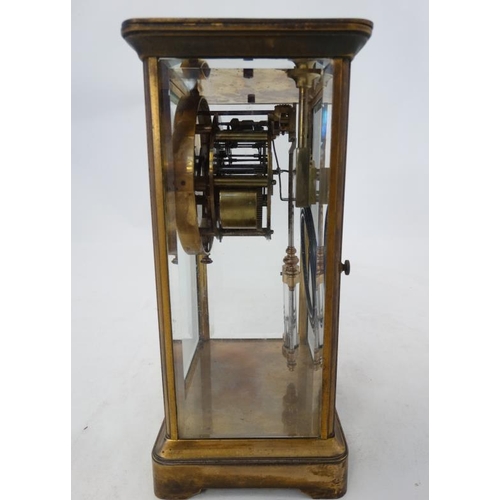 276 - Carriage Regulator clock : an 8 day, brass cased and bevelled glass ,4'' dial clock striking on a co... 