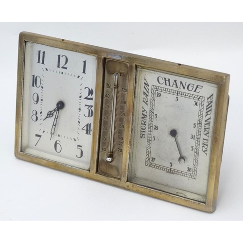 277 - Art Deco Combination Clock, Barometer and Thermometer: a silver plated on brass, square dialled , be... 