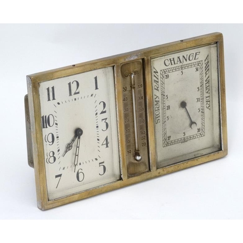 277 - Art Deco Combination Clock, Barometer and Thermometer: a silver plated on brass, square dialled , be... 