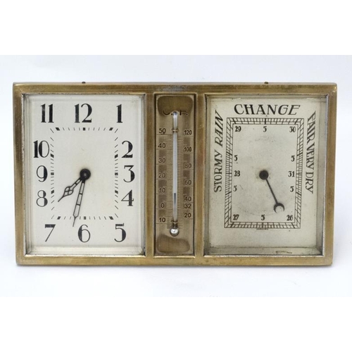 277 - Art Deco Combination Clock, Barometer and Thermometer: a silver plated on brass, square dialled , be... 