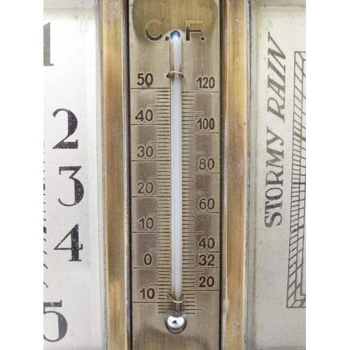 277 - Art Deco Combination Clock, Barometer and Thermometer: a silver plated on brass, square dialled , be... 