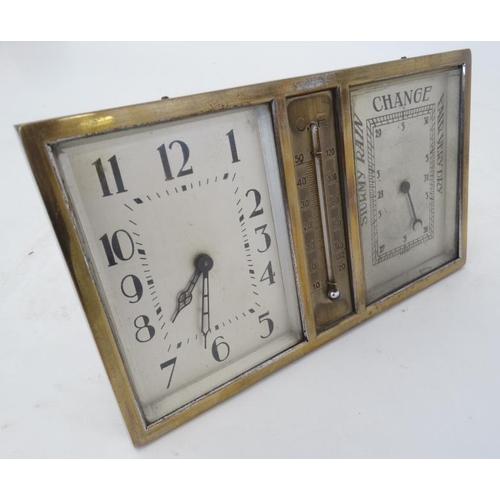 277 - Art Deco Combination Clock, Barometer and Thermometer: a silver plated on brass, square dialled , be... 