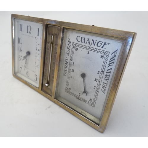 277 - Art Deco Combination Clock, Barometer and Thermometer: a silver plated on brass, square dialled , be... 