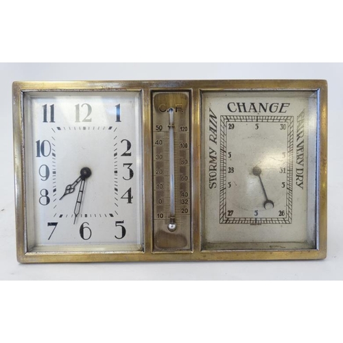 277 - Art Deco Combination Clock, Barometer and Thermometer: a silver plated on brass, square dialled , be... 