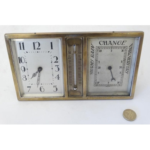 277 - Art Deco Combination Clock, Barometer and Thermometer: a silver plated on brass, square dialled , be... 