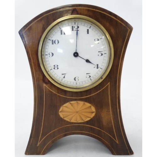 282 - Mahogany Inlaid and shaped mantle clock  : a Swiss made platform escapement 3 1/2'' dial clock ( tim... 