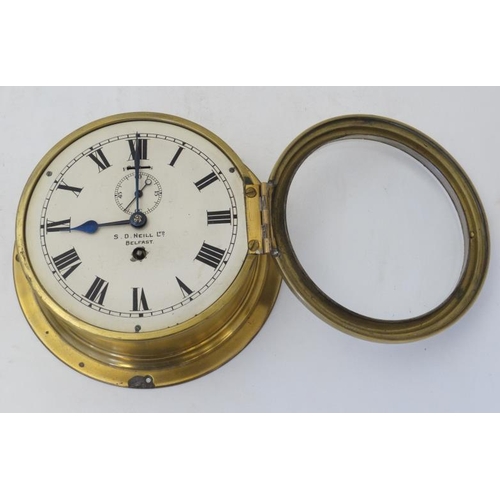 286 - Ship's Clock : ' SD Neill Ltd Belfast' brass cased 8 day Clock ( timepiece) with inset seconds dial,... 