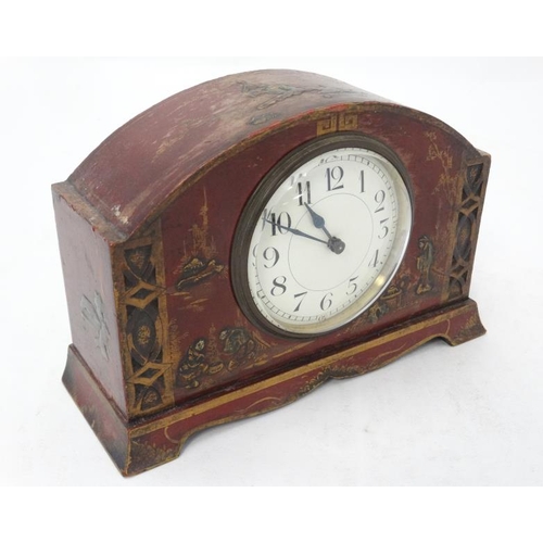 290 - 1920's Red lacquered mantle clock : a Chinoiserie red lacquer designed French clock ( timepiece ) wi... 