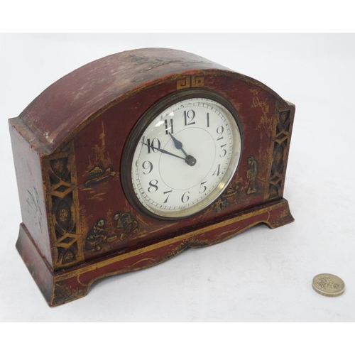 290 - 1920's Red lacquered mantle clock : a Chinoiserie red lacquer designed French clock ( timepiece ) wi... 