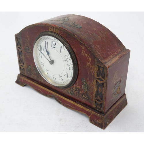 290 - 1920's Red lacquered mantle clock : a Chinoiserie red lacquer designed French clock ( timepiece ) wi... 