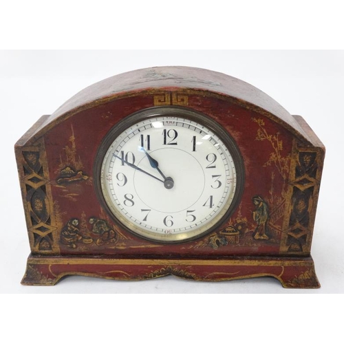 290 - 1920's Red lacquered mantle clock : a Chinoiserie red lacquer designed French clock ( timepiece ) wi... 