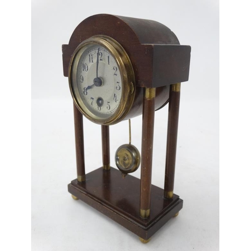 292 - Early- mid 20thC mahogany Portico Clock : the case with brass ended turned columns ,3'' silvered dia... 