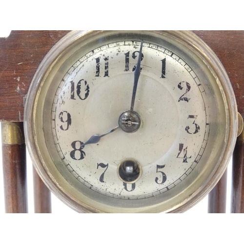 292 - Early- mid 20thC mahogany Portico Clock : the case with brass ended turned columns ,3'' silvered dia... 