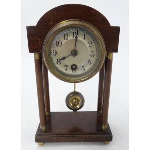 292 - Early- mid 20thC mahogany Portico Clock : the case with brass ended turned columns ,3'' silvered dia... 