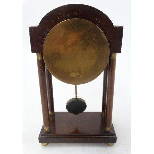 292 - Early- mid 20thC mahogany Portico Clock : the case with brass ended turned columns ,3'' silvered dia... 