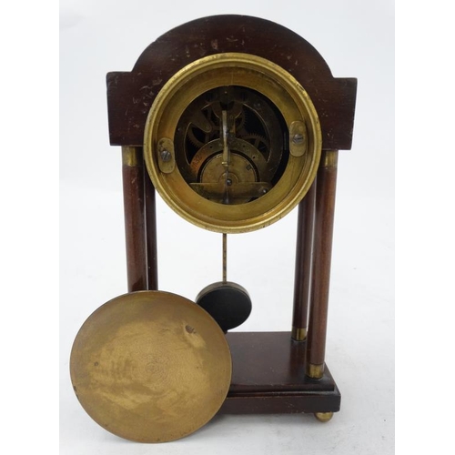 292 - Early- mid 20thC mahogany Portico Clock : the case with brass ended turned columns ,3'' silvered dia... 