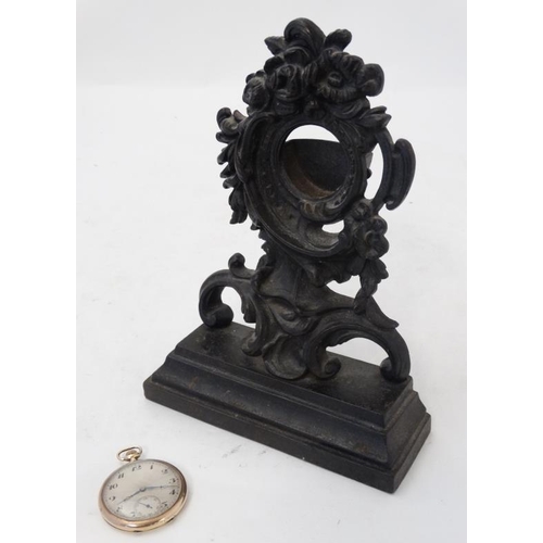 293 - 19thC Cast Iron Rococo pocket watch stand and gold pocket watch : a 9 (.375) gold cased Swiss Top Wi... 