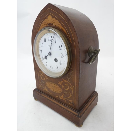 296 - Edwardian Lancet shaped inlaid mahogany Mantle clock : an R & Co , Paris (   Richard & Cie) inlaid m... 