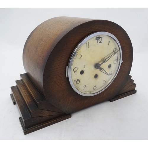 299 - Art Deco 3 Train Mantle Clock : an oak oversized 3 Train Westminster/ Whittington Chime clock , 6 ''... 