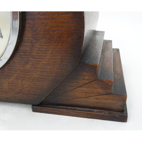 299 - Art Deco 3 Train Mantle Clock : an oak oversized 3 Train Westminster/ Whittington Chime clock , 6 ''... 