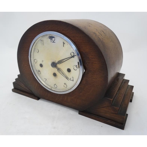 299 - Art Deco 3 Train Mantle Clock : an oak oversized 3 Train Westminster/ Whittington Chime clock , 6 ''... 