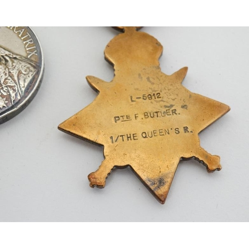 317 - 5912 Pte F Butler , Queen's Royal Regiment ( West Surrey ) : A group of two Boer War Campaign Medals... 