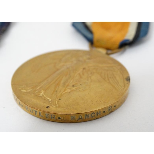 319 - 44673 Pte A Butler , Manchester Regiment : two WWI campaign medals , comprising a British War Medal ... 