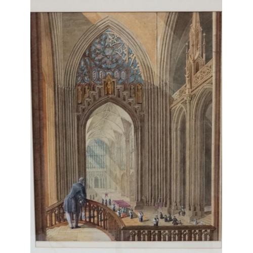 32 - Circle of David Roberts RA (1796-1864), Watercolour and gouache, Cathedral interior with figures, 17... 