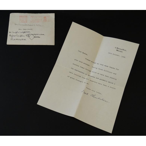 330 - Militaria : A grateful letter of correspondence between the pre - WWII Conservative Prime Minister N... 