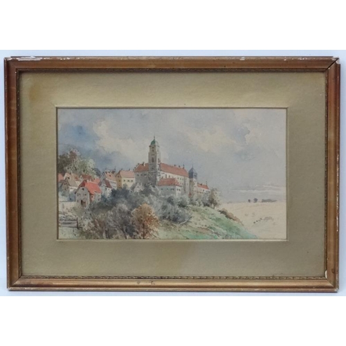 34 - XIX Continental School, Watercolour, European hillside town (on Rhine?), 5 1/2 x 9 3/8.