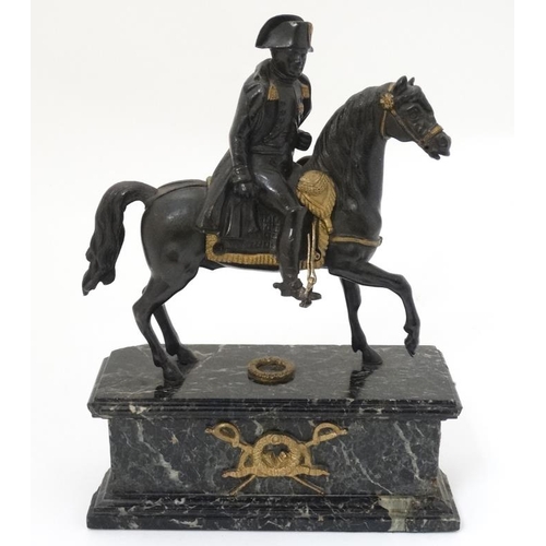 349A - Militaria : A bronze sculpture depicting Napoleon Bonaparte on horseback , affixed to a marble base ... 