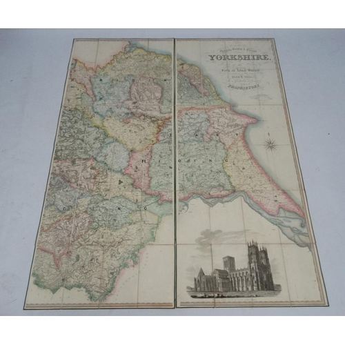 378 - Map : A large fold out hand coloured map ( including the coast etc.) of the county of Yorkshire , in... 