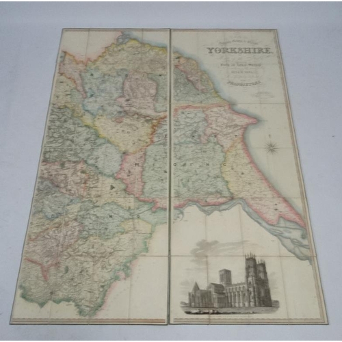 378 - Map : A large fold out hand coloured map ( including the coast etc.) of the county of Yorkshire , in... 