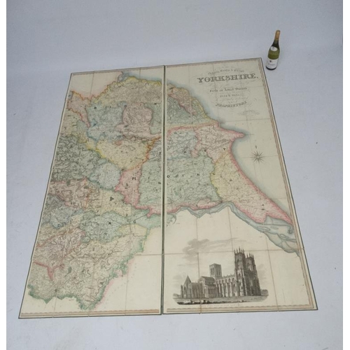 378 - Map : A large fold out hand coloured map ( including the coast etc.) of the county of Yorkshire , in... 