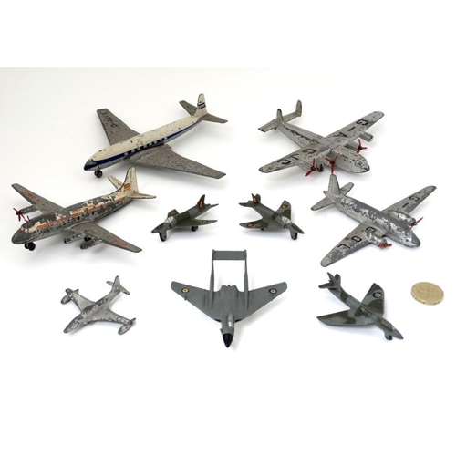 382 - A collection of 9 diecast 1960s and 70s Meccano ltd, Dinky Toy Aircraft to include a 704 Avro 'York'... 