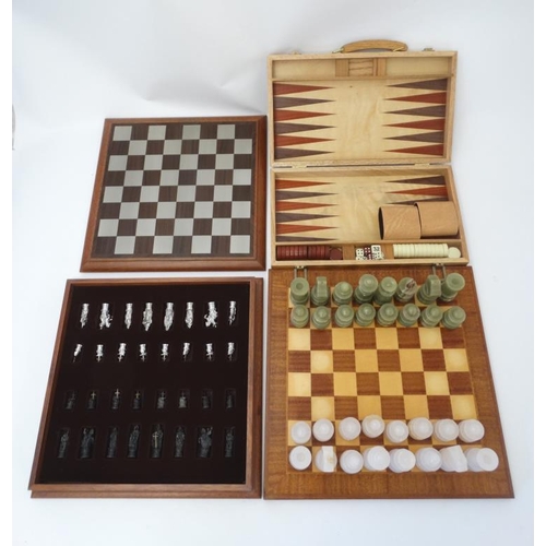 394 - A Royal Selangor '' Camelot '' Chess set in wooden case with board to top, together with a hardstone... 