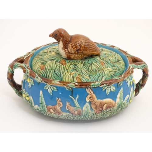 443 - A late 20thC / early 21stC George Jones style Majolica twin handled lidded game tureen , marked 1679... 