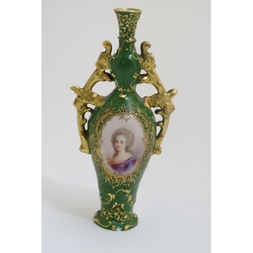 459 - A Meissen style handpainted slim portrait vase, having central cartouche decorated with indistinctly... 