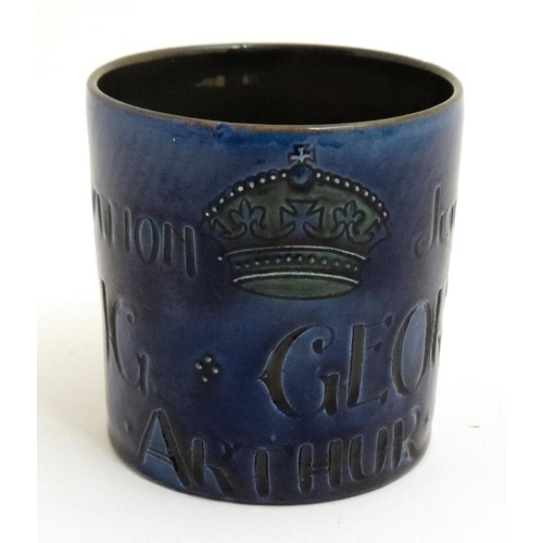 473 - A 1911 Brannam Pottery Coronation mug in cobalt blue , bears ''June 22nd 1911, Coronation King Georg... 