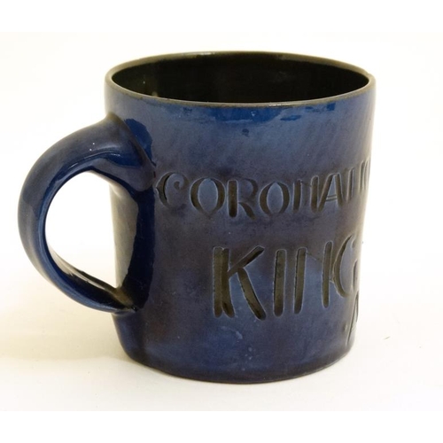 473 - A 1911 Brannam Pottery Coronation mug in cobalt blue , bears ''June 22nd 1911, Coronation King Georg... 