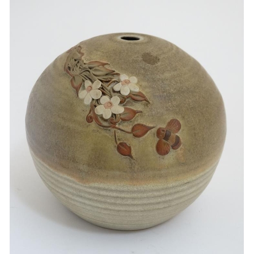 487 - A Stapleton House Studio Pottery spherical stoneware lamp base , having applied floral decoration to... 