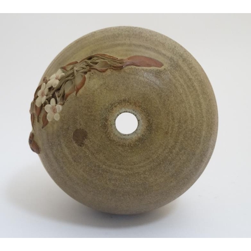 487 - A Stapleton House Studio Pottery spherical stoneware lamp base , having applied floral decoration to... 