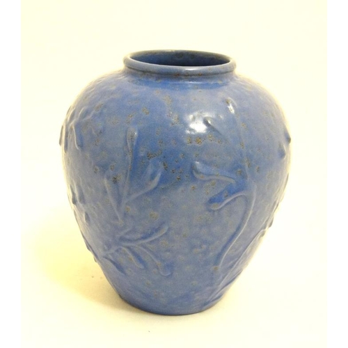 488 - Scandinavian Pottery: A 1940s/50s Nittsjo pottery vase , having relief foliate detail on a blue grou... 