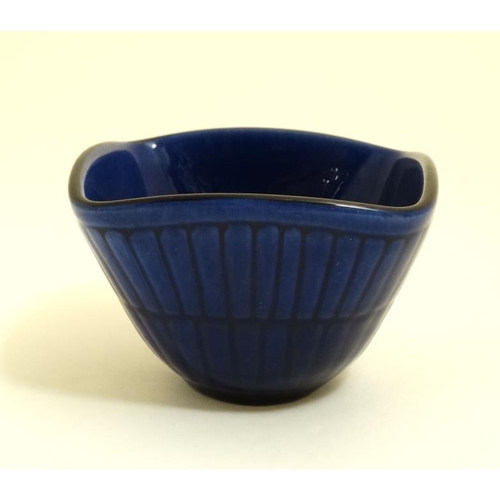 489 - Scandinavian Pottery: A c1970s Upsala Ekeby , Sweden small bowl of squared form in cobalt blue, bear... 