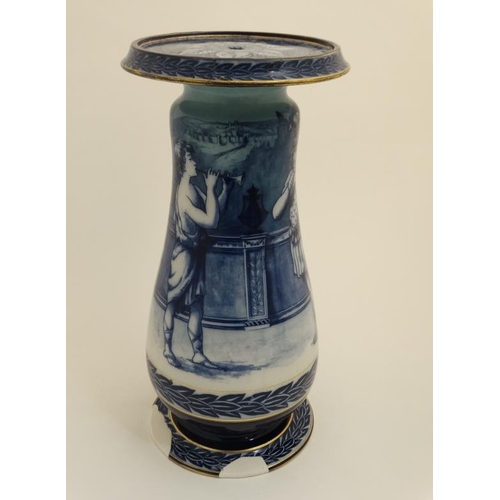 499 - A Blue and White Jardiniere stand in the manner of Royal Doulton, decorated with images of classical... 