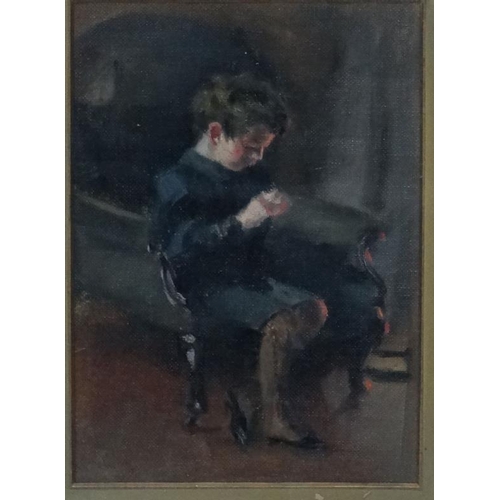 5 - Early-mid XX English School, Oil on canvas, Young boy sat, seated by a fire, 8 x 5''  .