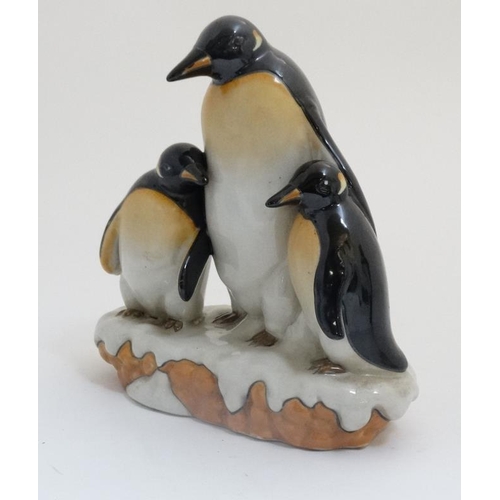 508 - A 21stC L & V Ceram , France , LV0001, figure group formed as three penguins in the Art Deco Style, ... 