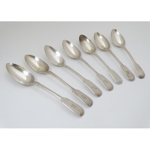 516 - 7 silver fiddle pattern dessert spoons  2 x London 1852 maker EE, 1 x London 1814 maker WEWF, London... 