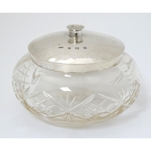 523 - A cut glass dressing table pot bowl with hammered silver top hallmarked Birmingham 1995 maker Keith ... 